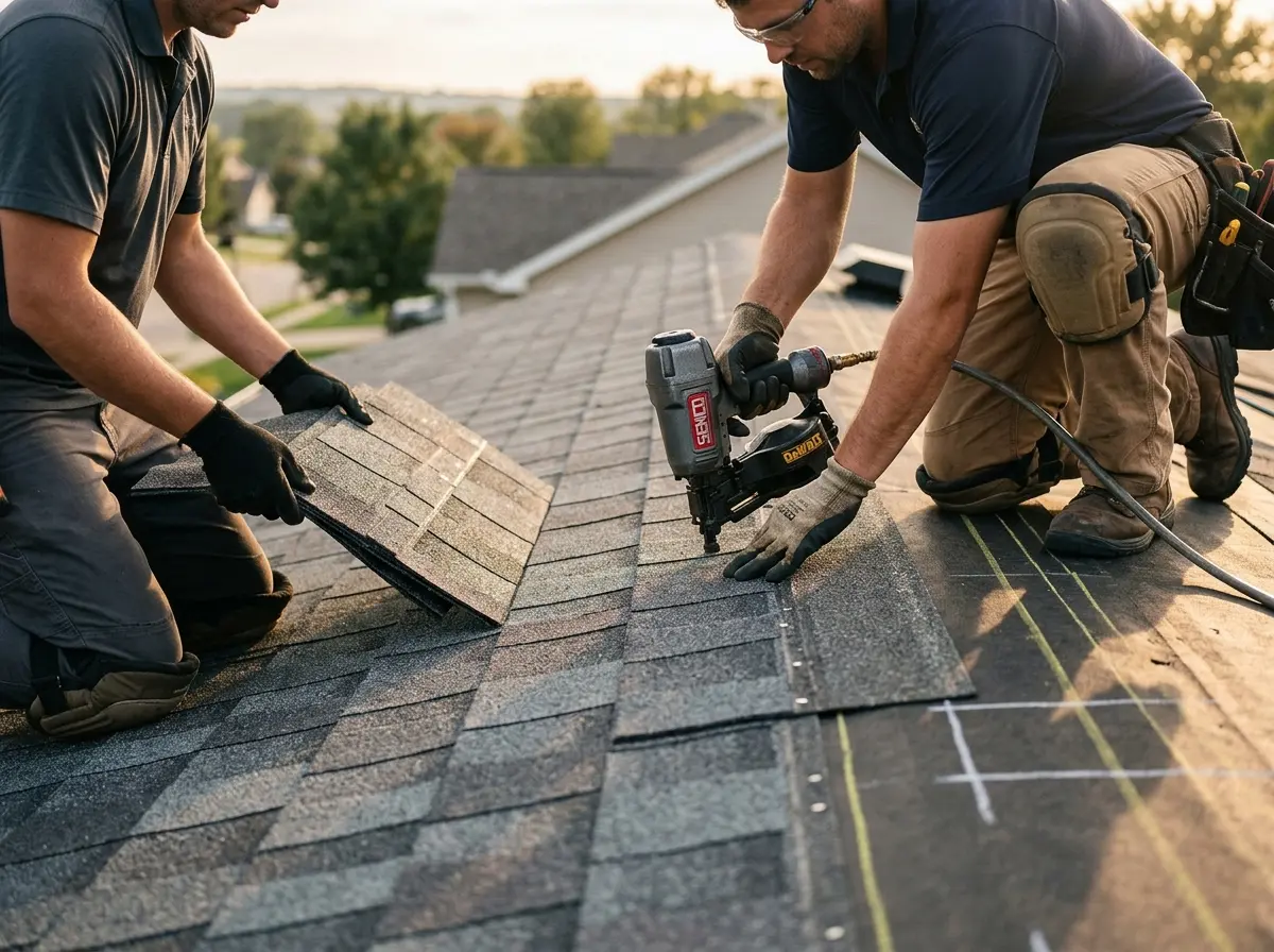 Professional roofer working on a residential roof in Merriam